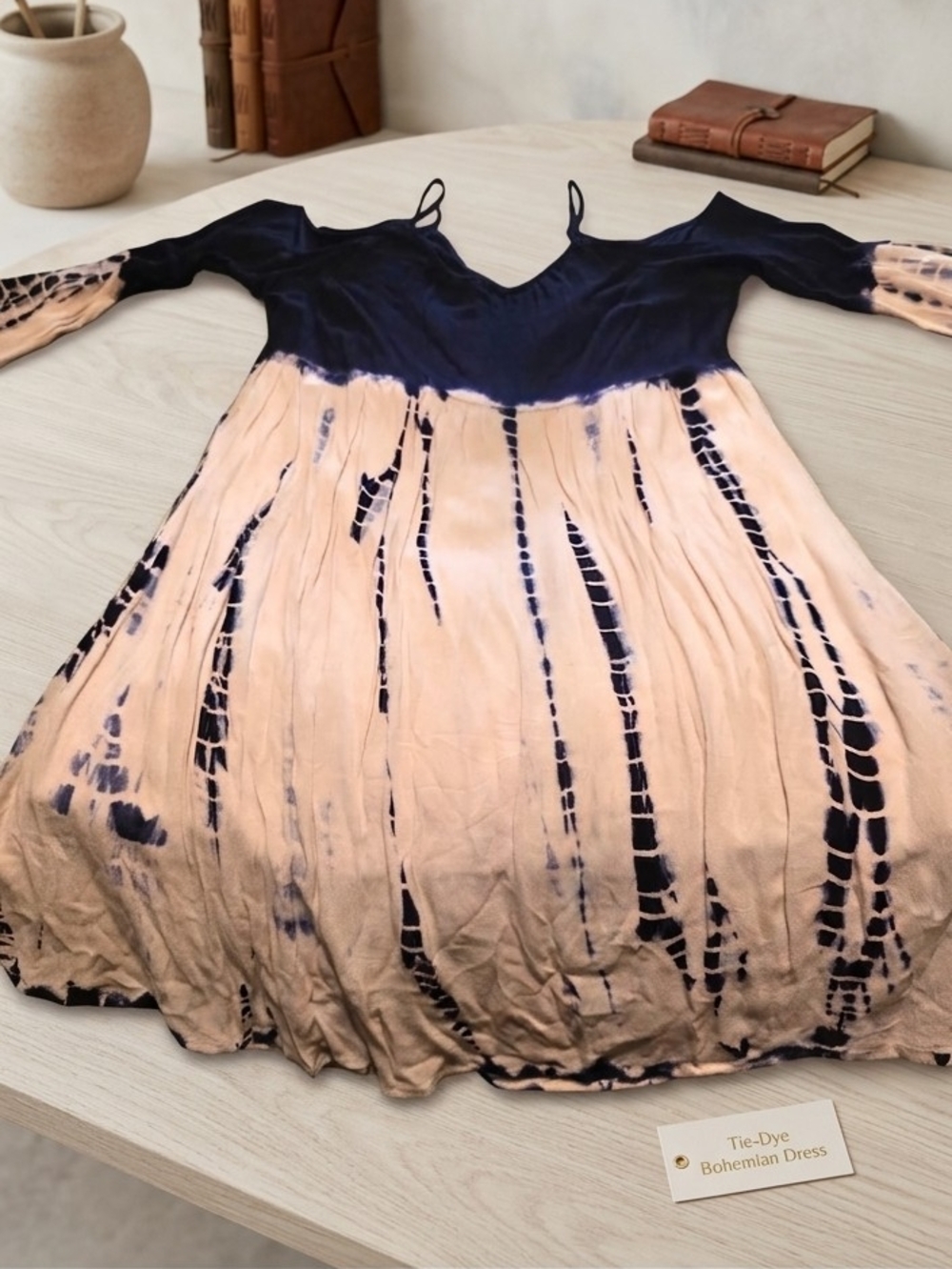 Sage Cold-Shoulder Tie-Dye Mini Dress in Navy and Cream